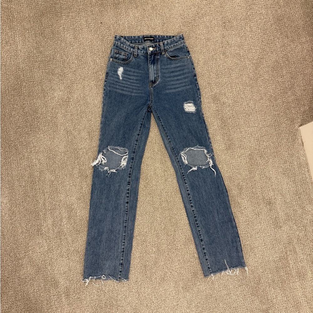 PrettyLittleThing High Rise Blue Distressed Jeans